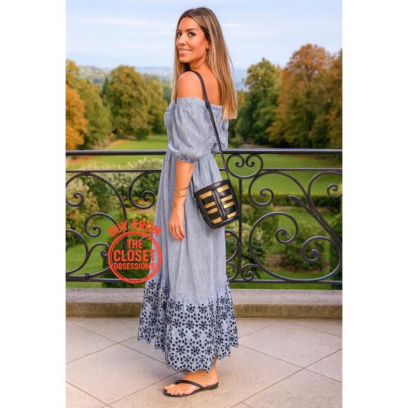 ZARA Balloon Sleeve Smocked Maxi Dress Blue White Eyelet Hem NWT - Picture 5 of 15